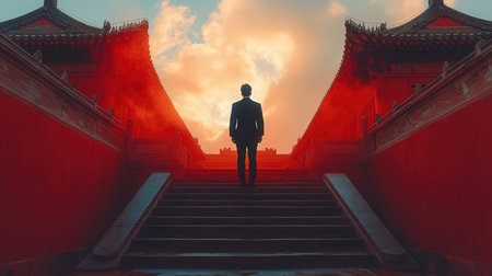 Silhouette of a businessman in front of a red temple.の素材