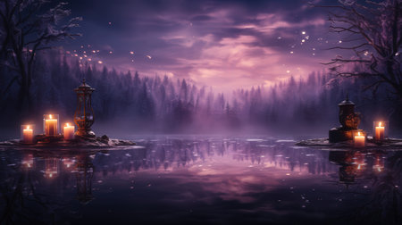 Night landscape with candles and a pond in the forest. 3d renderingの素材