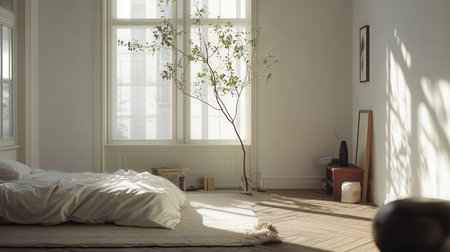 3d render of a bedroom interior design with bed and plants.の素材