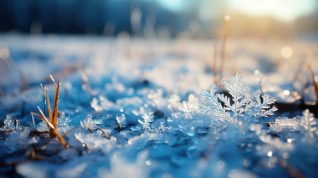 Snowflakes on the ground in the winter forest. Winter backgroundの素材