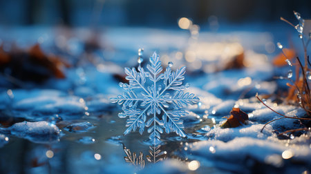 snowflake on the surface of the ice in the winter forestの素材