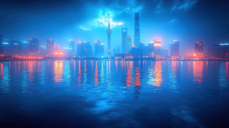 Shanghai Pudong skyline and Huangpu River at nightの素材