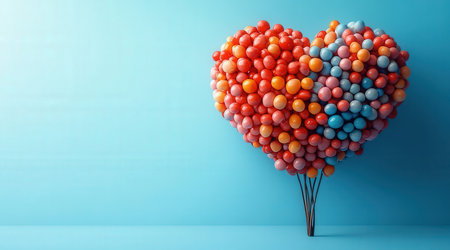 Colorful balloons in shape of heart on blue background. Valentine's day conceptの素材