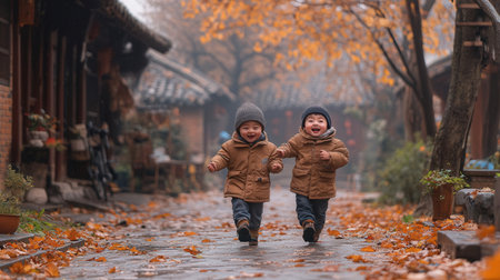 Two cute little boys having fun in the park during autumn season.の素材