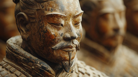 Close-up of the face of the ancient Chinese warrior. Selective focus.の素材