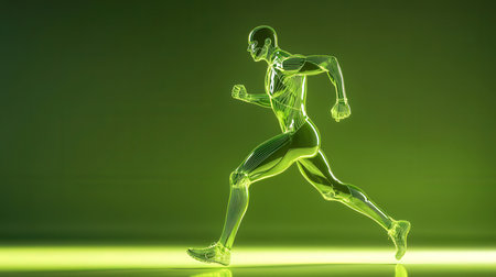 3D Illustration of a male running athlete with green light backgroundの素材
