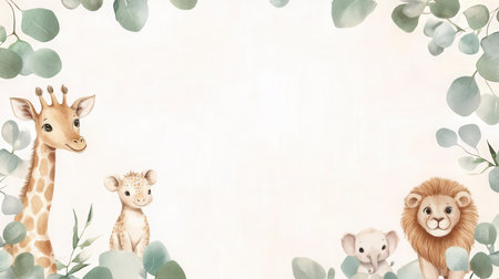 Cute baby giraffe and lion with eucalyptus backgroundの素材