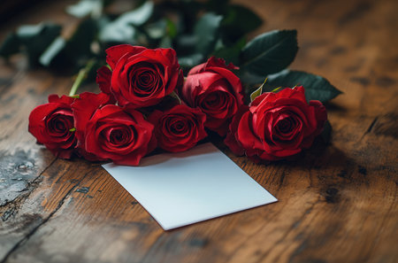 Bouquet of red roses with blank card on wooden table.の素材