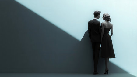 Silhouette of a man and a woman standing in front of a wallの素材