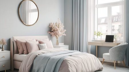 Modern bedroom interior with comfortable bed and mirror. 3d render illustrationの素材