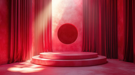 Scene with red podium, curtain and spotlights. Award ceremony concept. 3D renderの素材