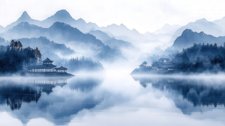 Mountain landscape with foggy lake and wooden house in China.の素材