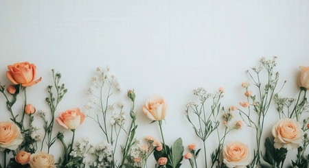 Flowers composition on white background. Flat lay, top view, copy spaceの素材