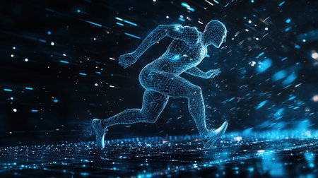 3D rendering of a female cyborg running on a dark backgroundの素材