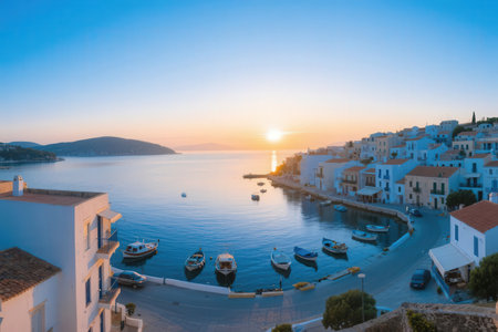 Sunset over the bay of Oia in Santorini, Greeceの素材