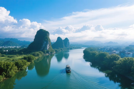 Fishing boat on Li River, Yangshuo Guilin, Chinaの素材