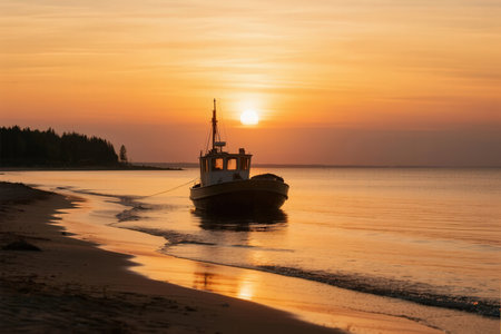 Fishing boat on the beach at sunrise. Beautiful summer landscape.の素材