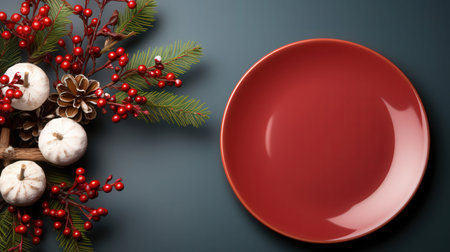 Christmas table setting with red plate and decoration on dark background. Top view.の素材