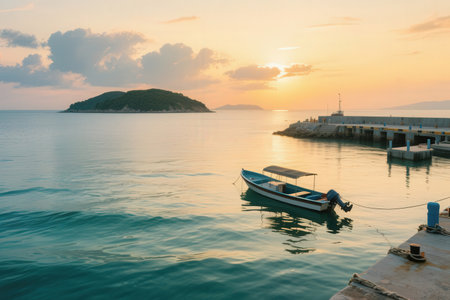 Fishing boat in the sea at sunset, Koh Samui, Thailandの素材