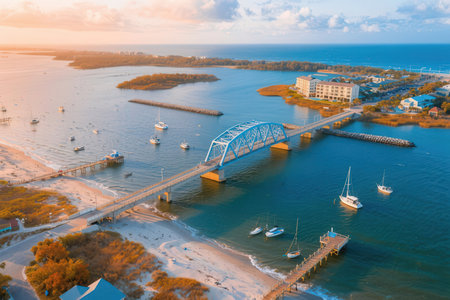 Aerial view of the bridge over the sea at sunset. Beautiful landscape.の素材