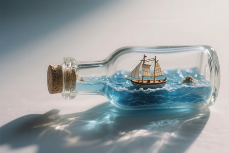 Ship in a bottle with a cork on a white background.の素材