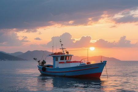 Fishing boat on the sea at sunset time. Beautiful nature background.の素材