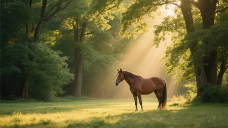 Horse in the green meadow in the rays of the sunの素材