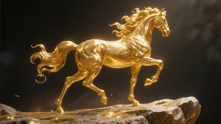 golden horse on a rock in a dark background. 3d renderingの素材