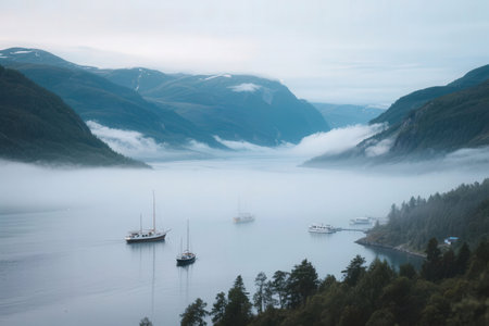 Foggy morning on the fjord in Norway, Scandinaviaの素材