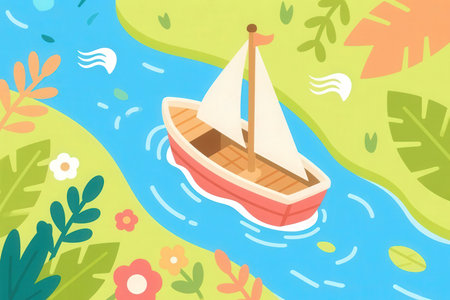 Sailing boat on the river. Vector illustration. Cartoon style.の素材