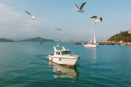 Seagulls and boats in the harbor of Hong Kong.の素材