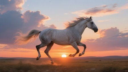 White horse galloping in the field at sunset. 3d renderingの素材