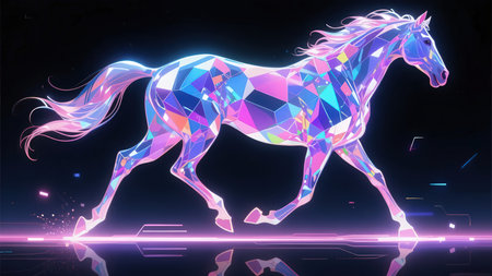 Horse in low poly style with neon lights. Vector illustration.の素材