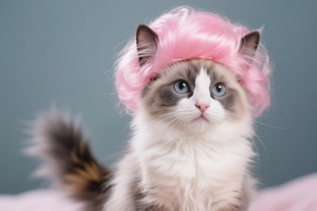 Beautiful fluffy cat with pink hair in a pink wig on a blue backgroundの素材