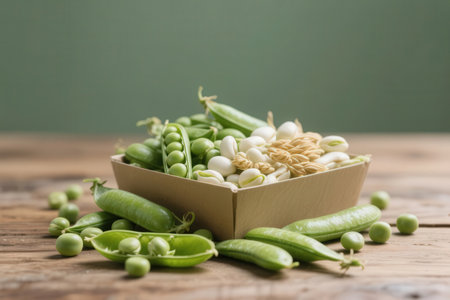Fresh green peas in a wooden box on a wooden table, selective focusの素材