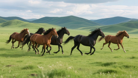 Herd of horses running free in the green meadow in summerの素材