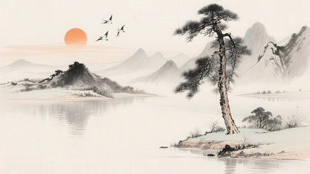 Landscape with a pine tree on the shore of a lake.の素材