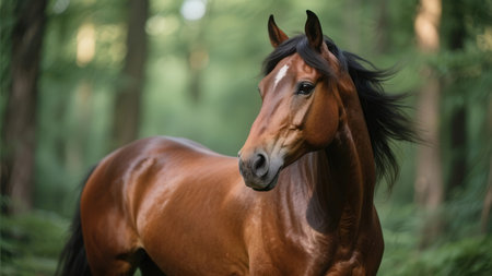Portrait of a bay horse on a background of green forest.の素材