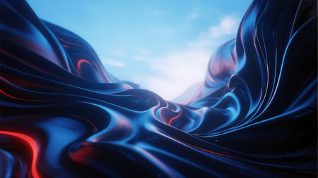 3d rendering of abstract wavy liquid background in blue and red colorsの素材