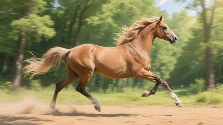 Beautiful bay horse galloping in the field. Motion blur effect.の素材