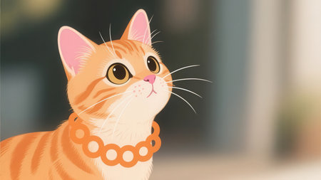 Red cat in a collar with a beads on the neck. Vector illustration.の素材