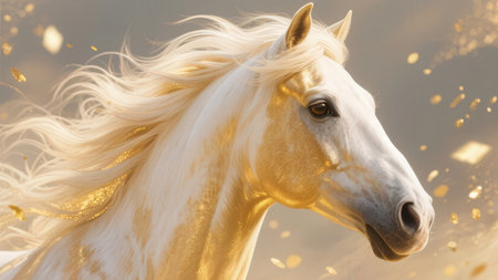 Beautiful white horse with golden dust flying in the wind, close-upの素材