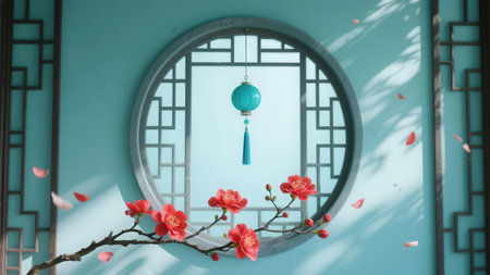 Chinese lanterns and flowers on a blue wall with a window.の素材