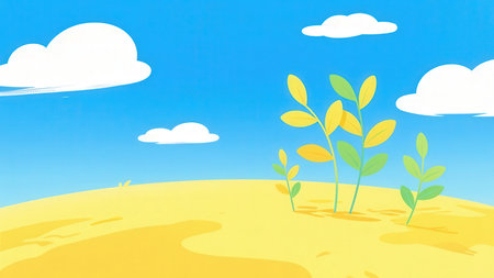 Illustration of a yellow field with trees and blue sky with cloudsの素材