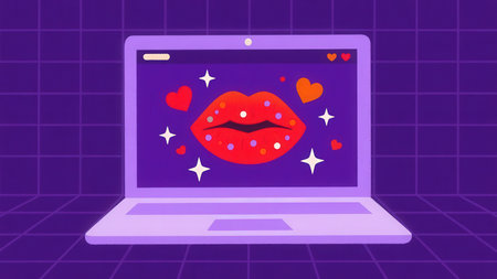 Laptop with lips and hearts on the screen. Vector illustration.の素材