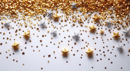 Christmas and New Year background. Golden stars and confetti on white backgroundの素材