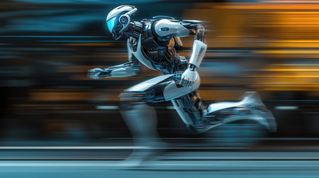3D rendering of a female robot running fast with motion blur backgroundの素材