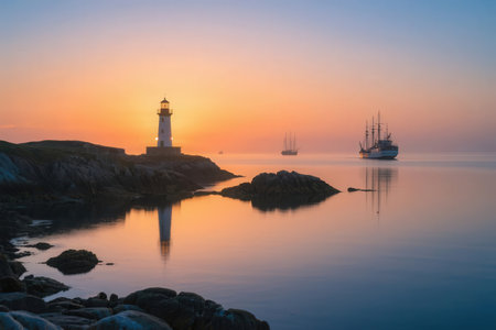 Lighthouse in the sea at sunrise, with a sailboat in the backgroundの素材