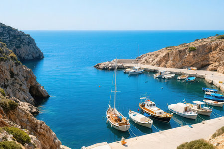 Yachts and boats on the coast of the island of Rhodes, Greeceの素材