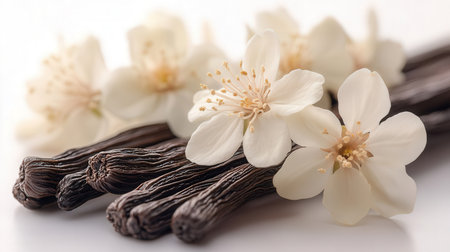 vanilla pods and jasmine flowers on a white background.の素材